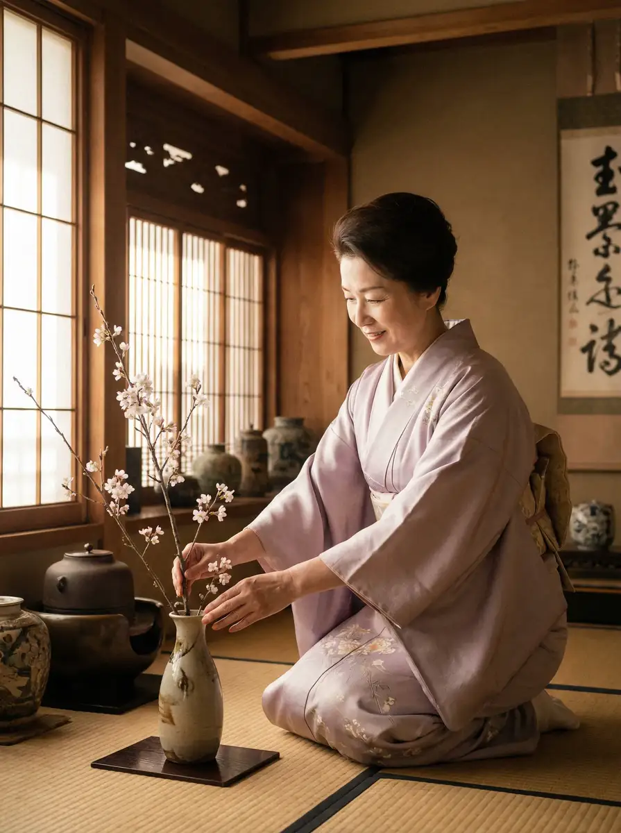 一位优雅的 大奶视频 在和室中插花